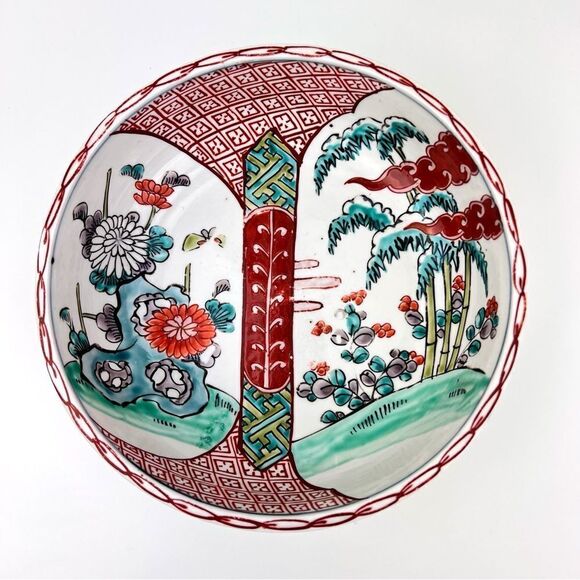 Japanese Imari Polychrome Vintage Meiji Period Flower Landscape Scene Arita Bowl
